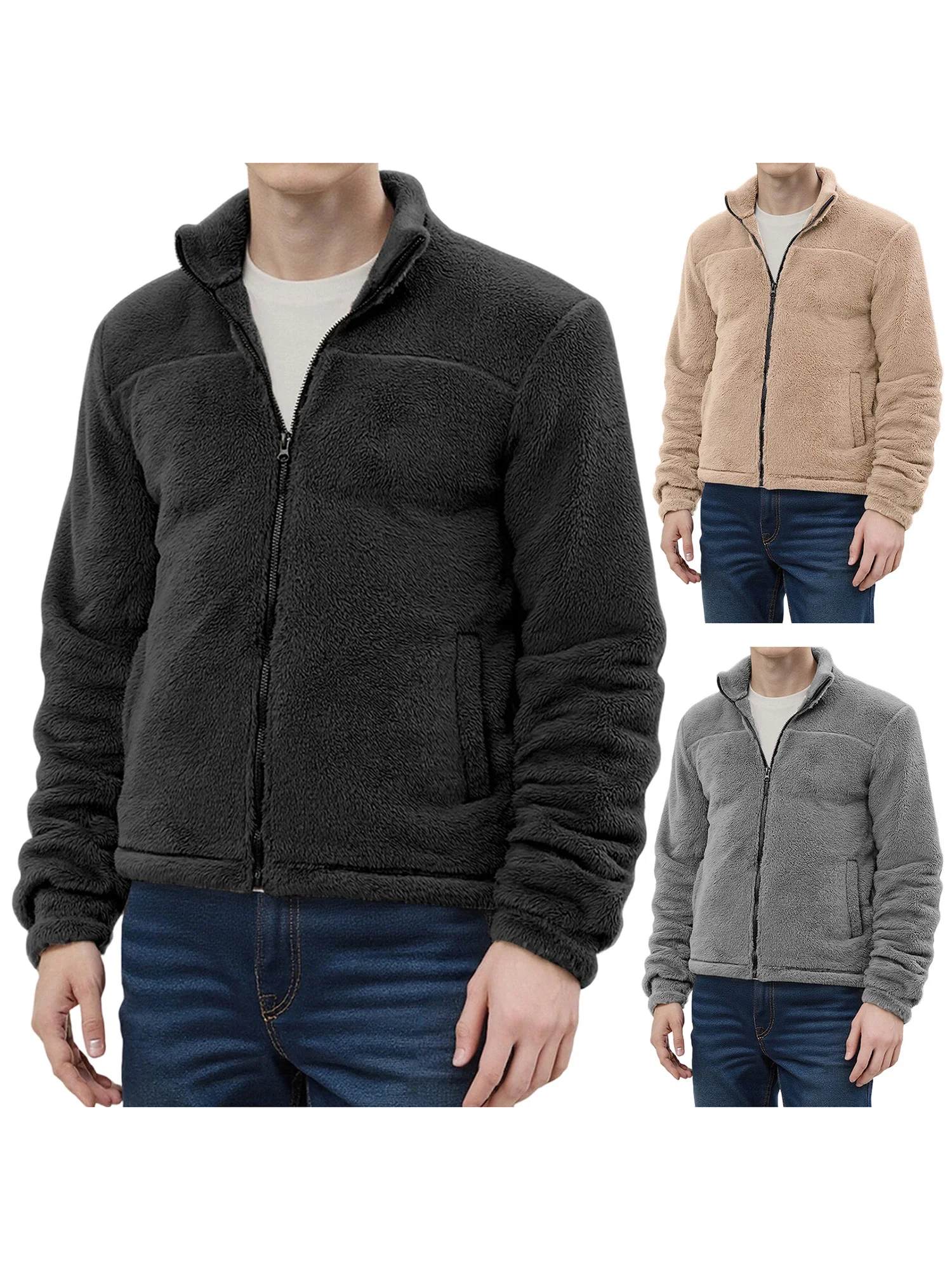 معطف شتوي للرجال أنيق بأكمام طويلة وياقة واقفة وسحاب للإغلاق وسترة من الصوف مع بطانة دافئة للطقس البارد #3