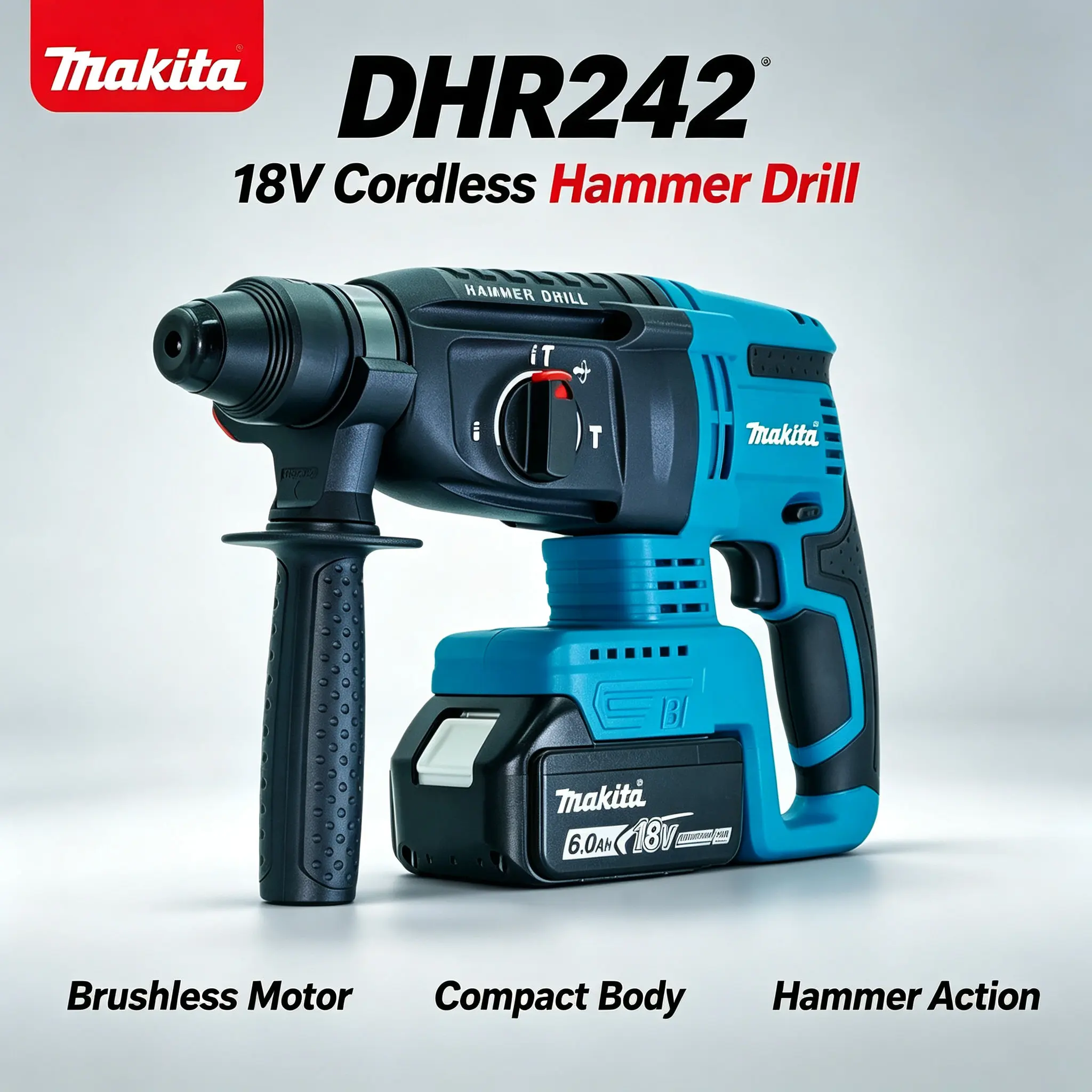 Trapano a percussione Makita DHR242, modello originale, 18V, con motore a spazzole, include batteria originale da 6,0 Ah BL 1860B, punta SDS-Plus da 26 mm, trapano per calcestruzzo con 3 modalità,
