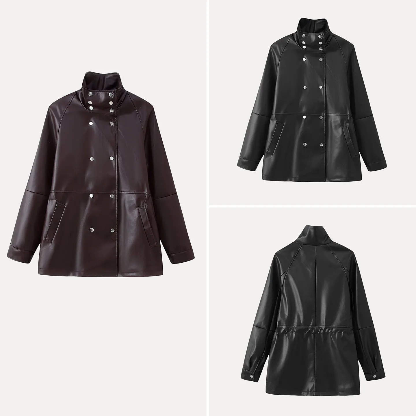 

Faionable Double-breasted Slim-fit Stand Collar Leather Jaet Women's Sle Two-color Autumn New Arrival Z Brand