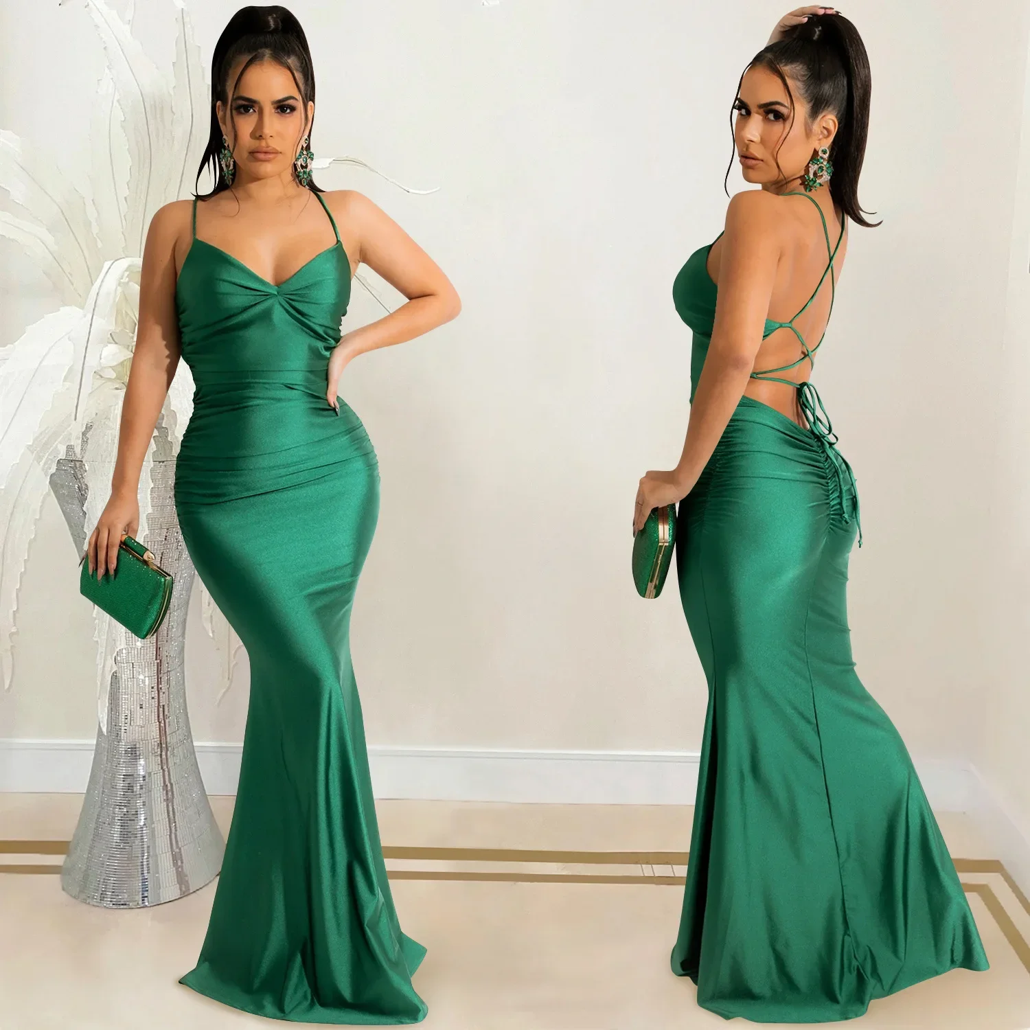 Women Sexy Sling Dress V Neck Sleeveless Folds Floor Length Dresses White Bodycon Hip Wrap High Waist Elegant Pleated Vestidos