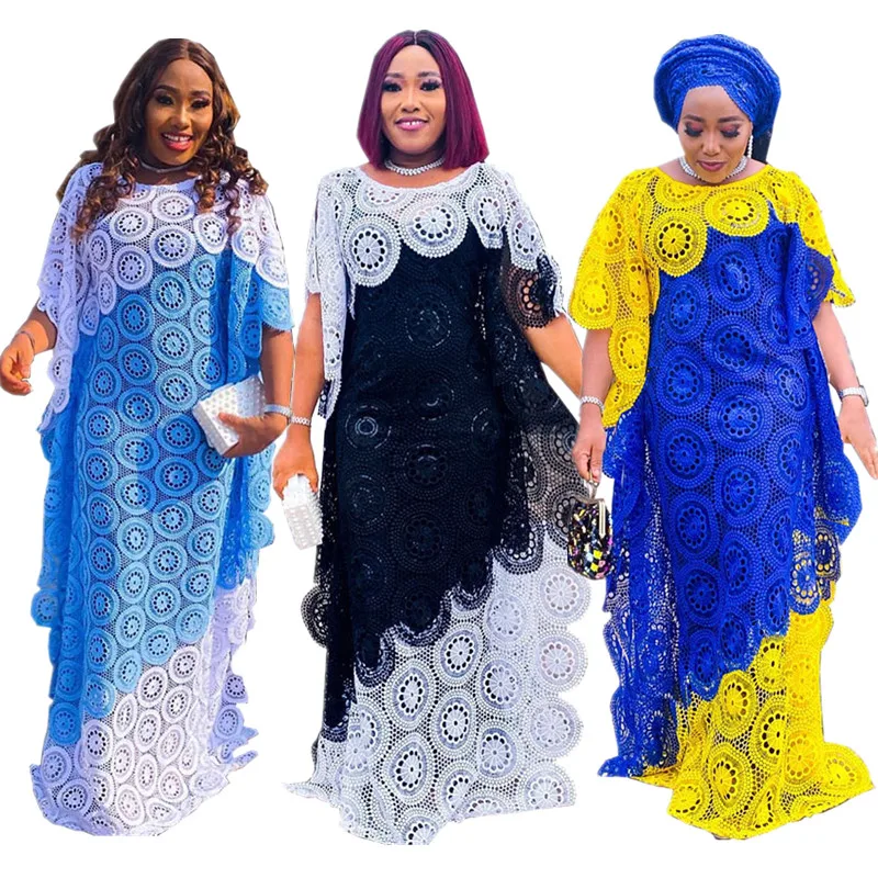 African Dashiki Color Matching Lace Dresses For Women Fashion Abaya Ankara Kaftan Robe With Inner 2 Piece Sets Femme Long Boubou