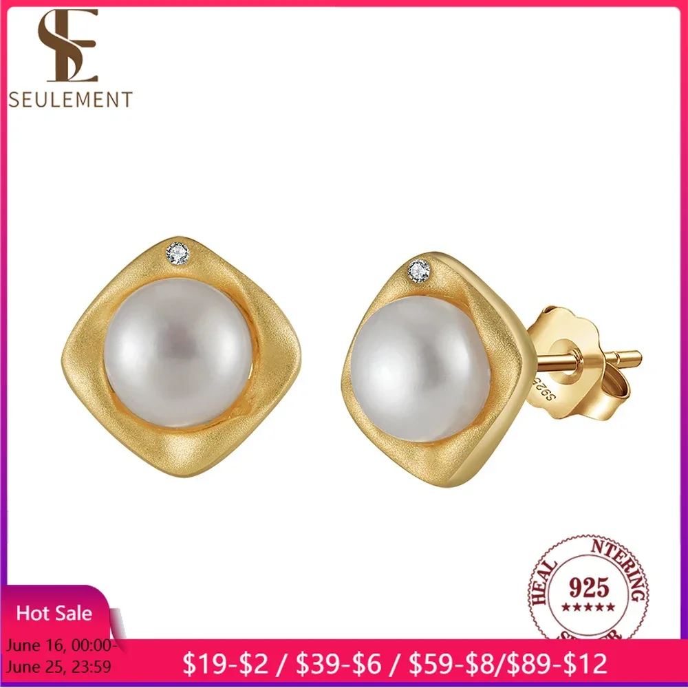 

Seulement Freshwater Natural Pearl Stud Earrings for Women 925 Sterling Silver Square Earring Simple FashionJewelry Gift