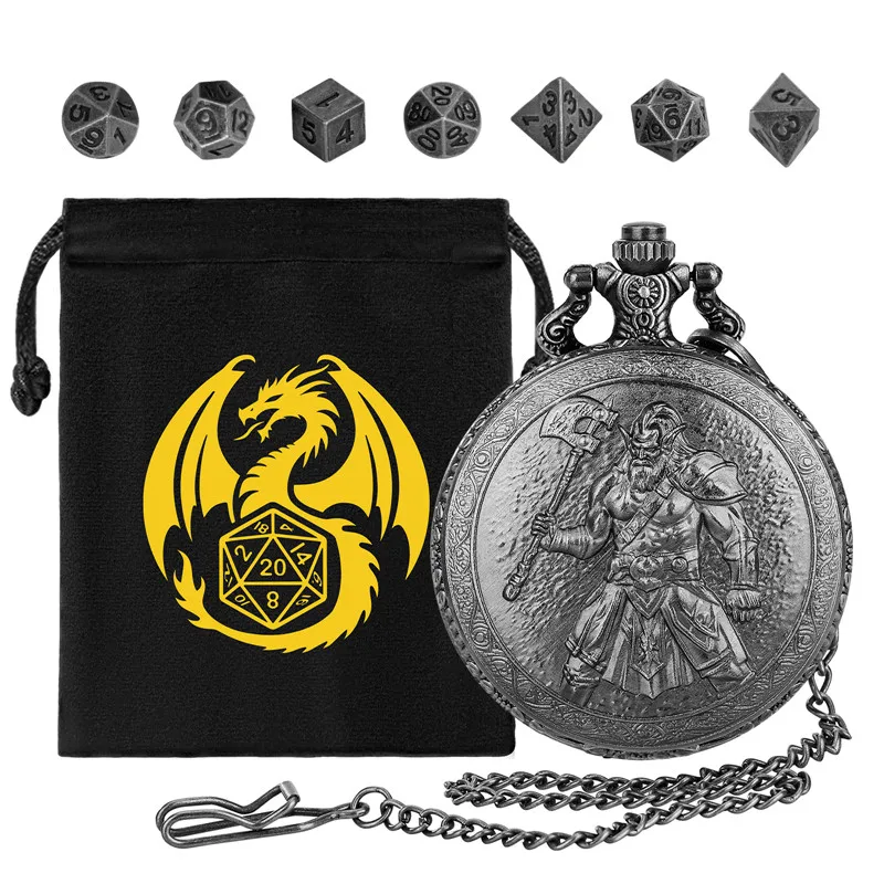 

Steampunk Axe Barbarian Pocket Watch Case 7pcs Tiny Metal Polyhedral Dice Set for Tabletop RPG Gaming Portable Storage Gift Bag