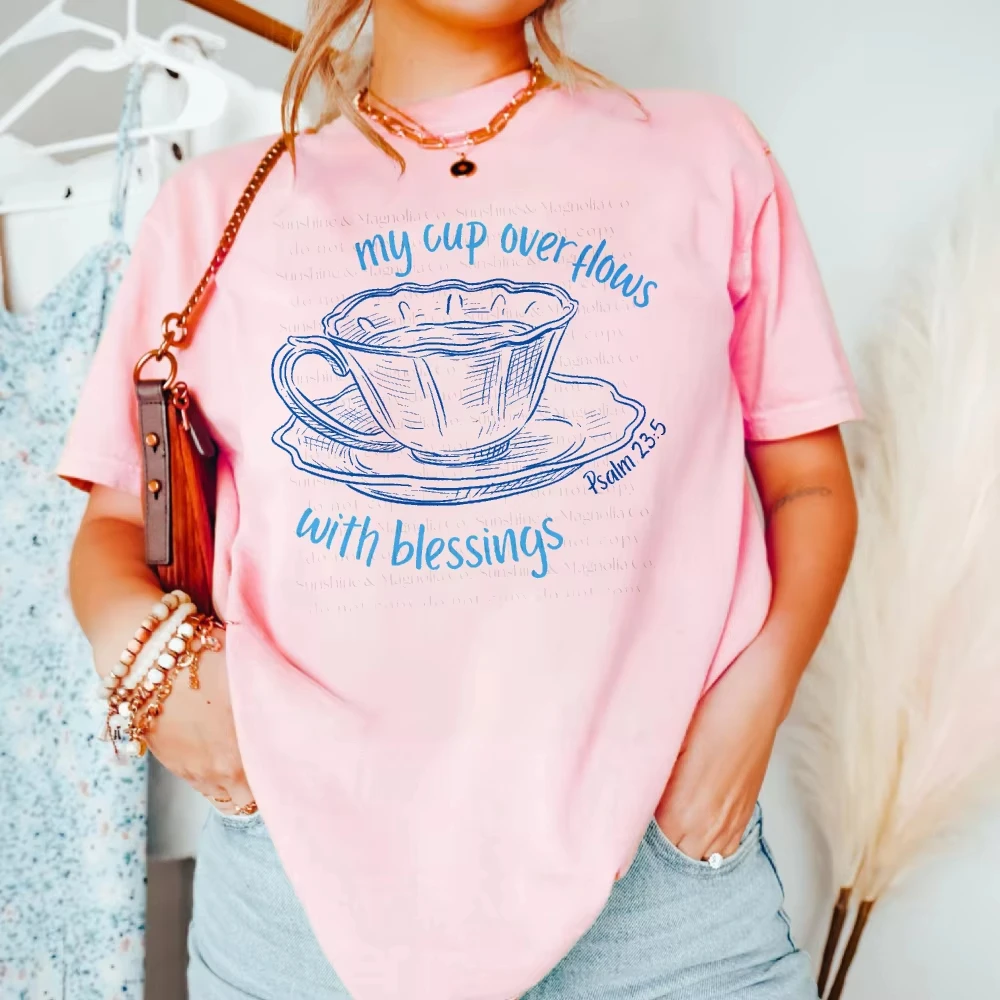 Psalm 23 My Cup Overflows Teacup Sketch Graphic Tshirt Women Blue Line Scripture Print Tee Coquette Christian Cotton Casual Tops