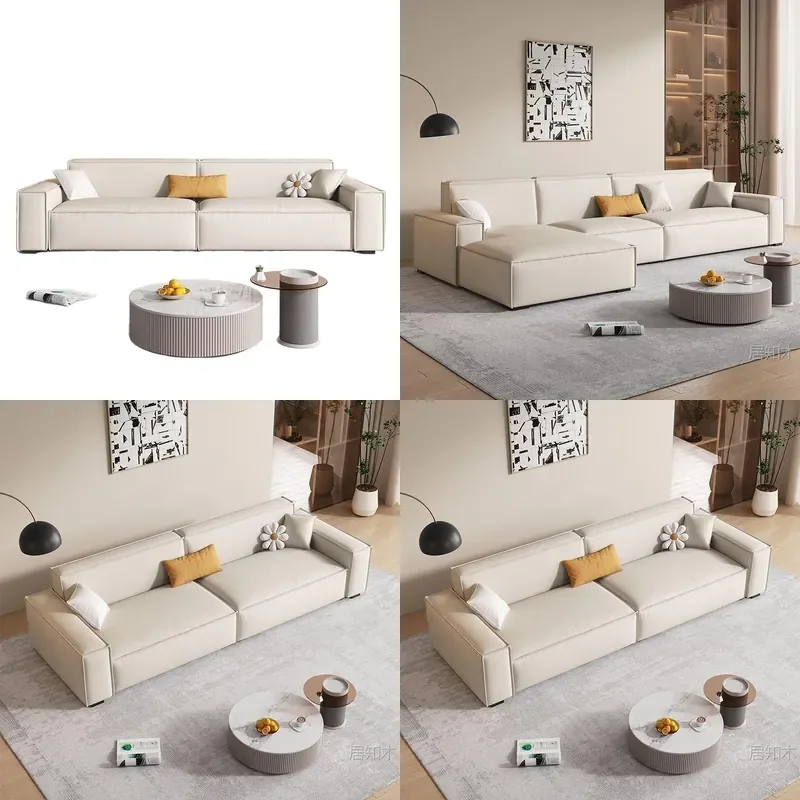 Cream Minimalist Straight Sofa Cat Scratch Resistant Leather Modern Living Room Furniture Simple Design Compact Couch