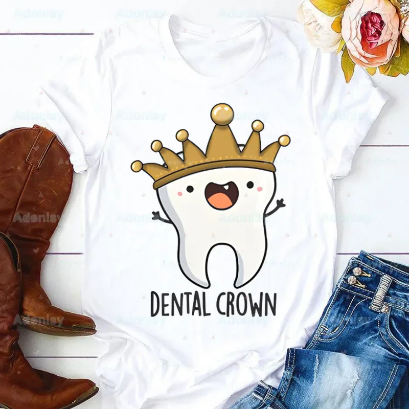 Aesthetic Funny Tooth Dentist Kawaii T Shirt Women 90s Graphic T-shirt Harajuku Tops Tee Cute Short Sleeve Tshirt Female Tshirts