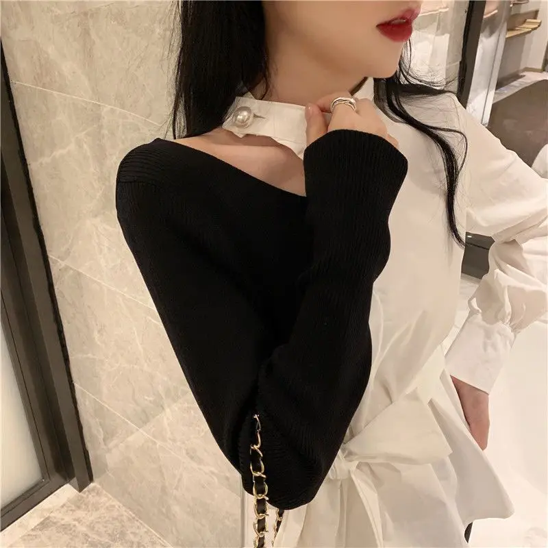 Hollow Out Shirts Women Korean Style Lace-up Bow New Trendy Halter Niche Design Ladies Spring All-match Patchwork Simple Fit