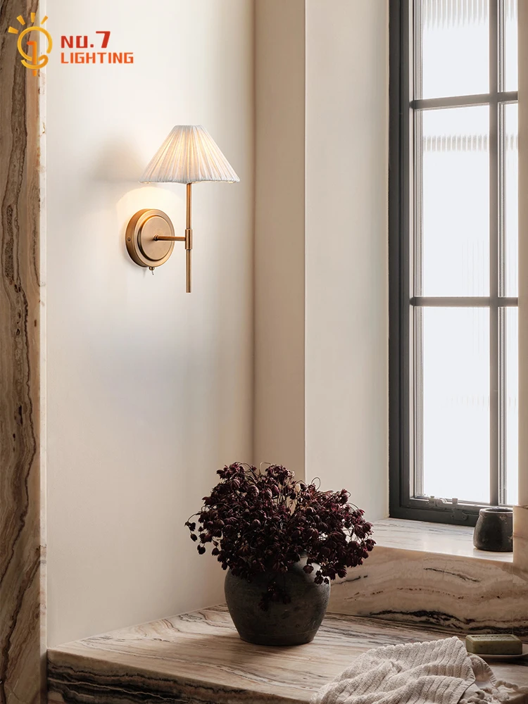 Nordic Modern Simple Copper Wall Lamp with Switch LED E27 Classical Designer Wall Mounted Hotel Aisle Bedroom Bedside Background