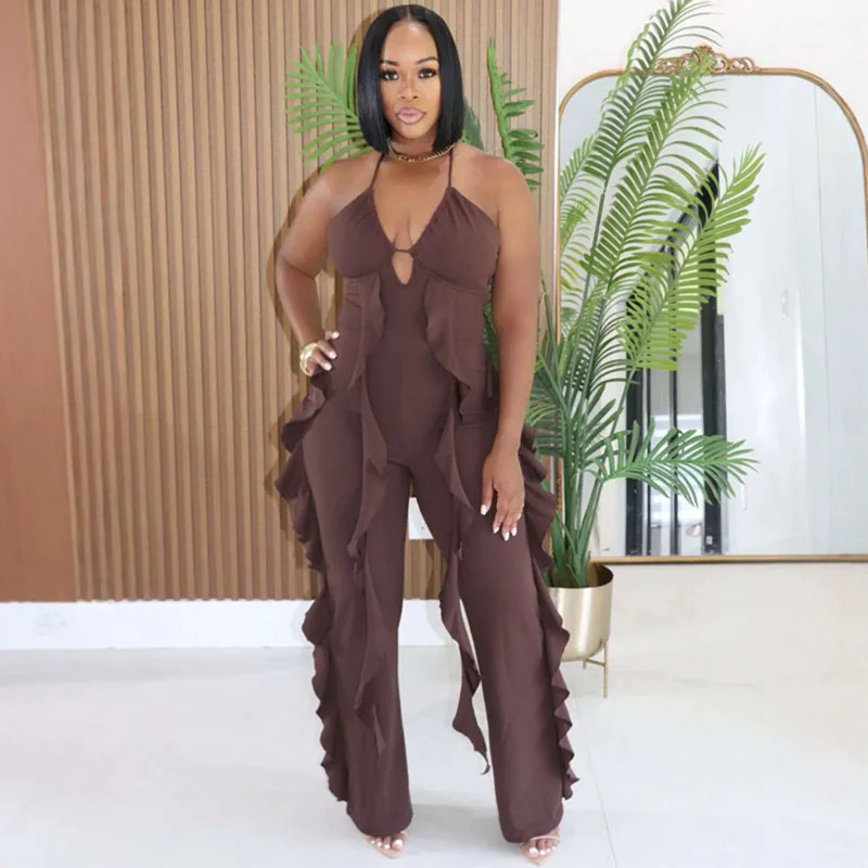 Mono sexy con cuello halter y escote en V, ajustado al cuerpo, para mujer, ropa de fiesta, club, sin mangas, con volantes, conjunto de una pieza para vacaciones.