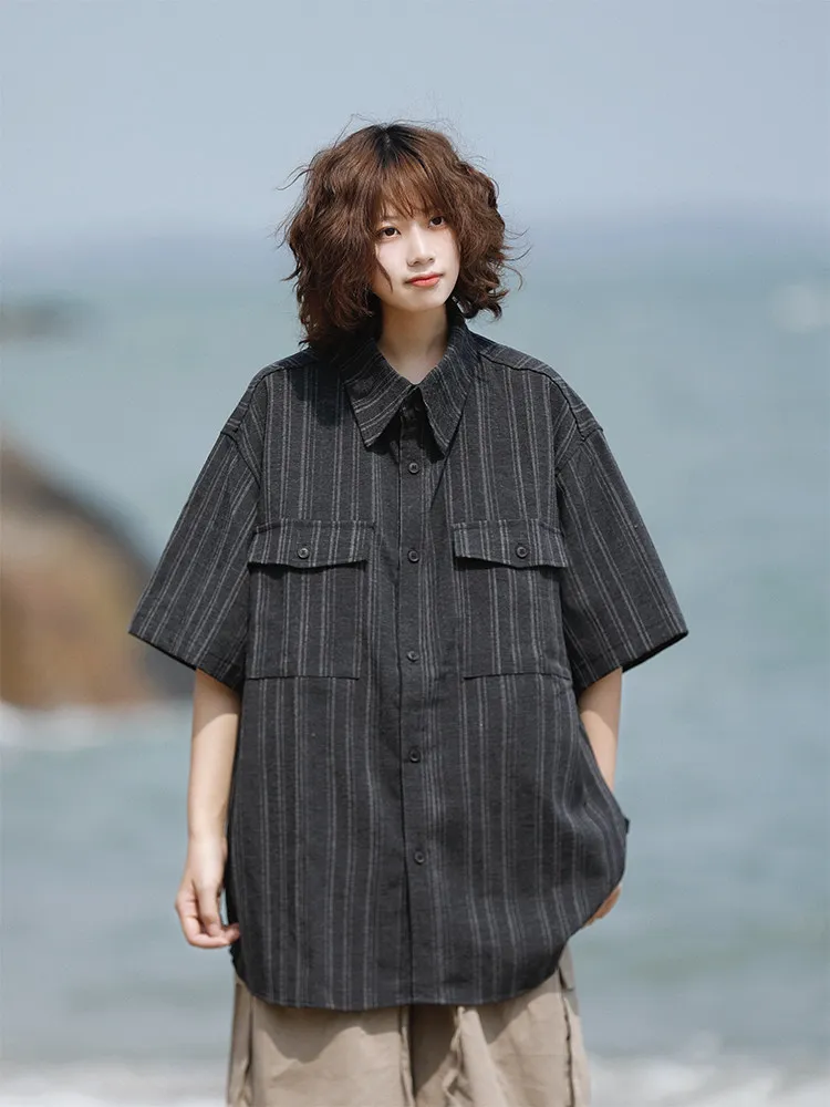 

Retro Japanese Workwear Striped Short Sleeve Casual Shirt Men's Summer Thin Loose Couple Match All-Match Lightweight Shirt