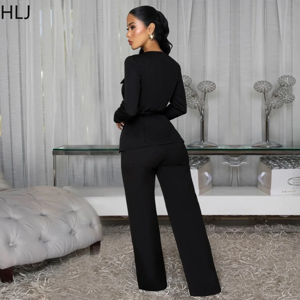 HLJ エレガントな女性用ツーピースセット、無地長袖シングルブレストクロップトップとパンツのマッチング、女性用ストリートウェア服