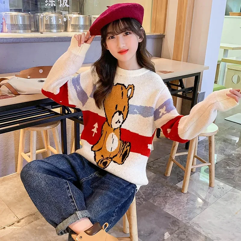 

Teens Girls New Fashion Cartoon Bear Print Sweater Pullover Round-Neck Knitting Tops Children Korean Casual 5 7 9 11 12Y