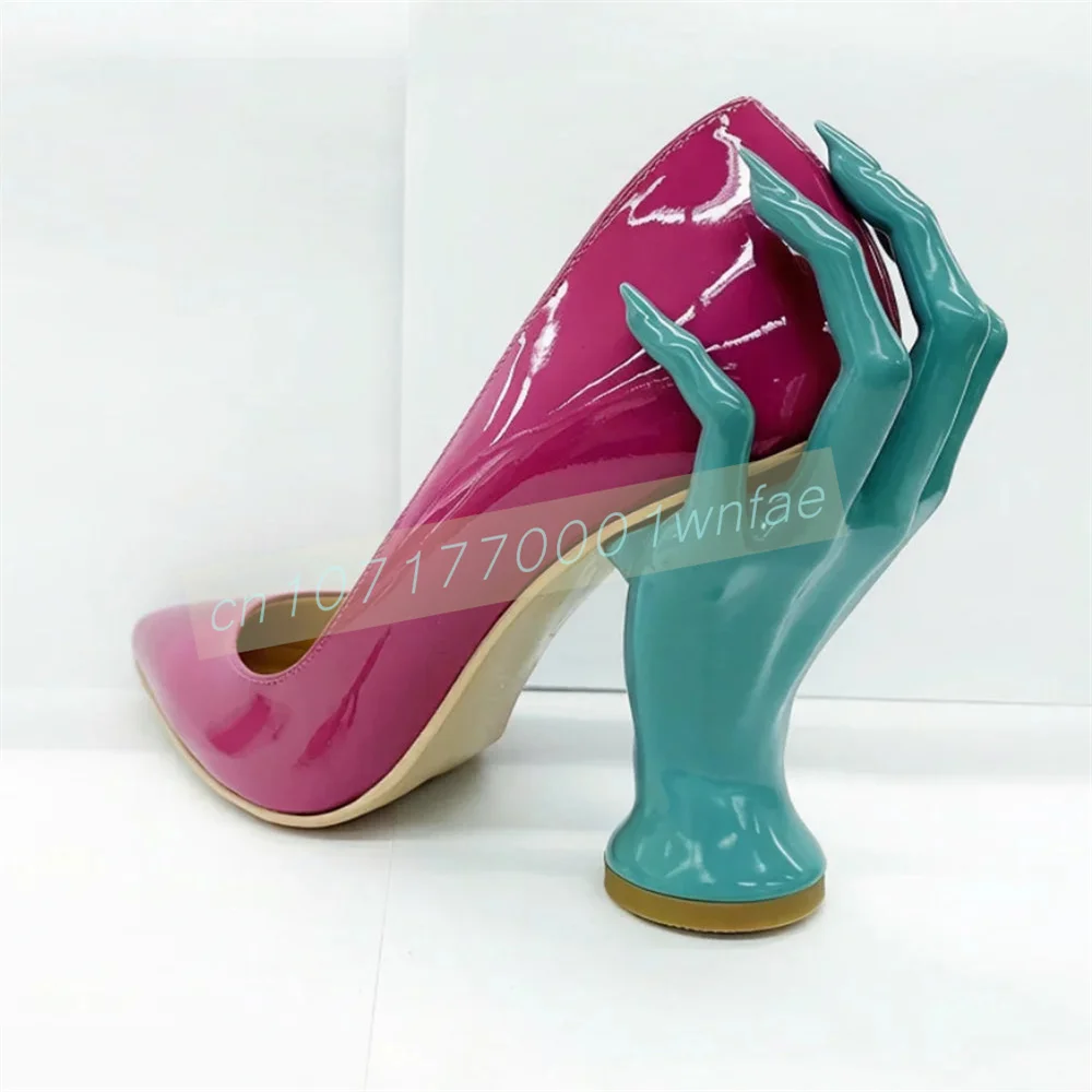 Women Red Patent Leather Unique Hand Shaped Heel Pumps Pointed Toe Slip On Novelty High Heels Evening Fashion Stiletto Shoes 