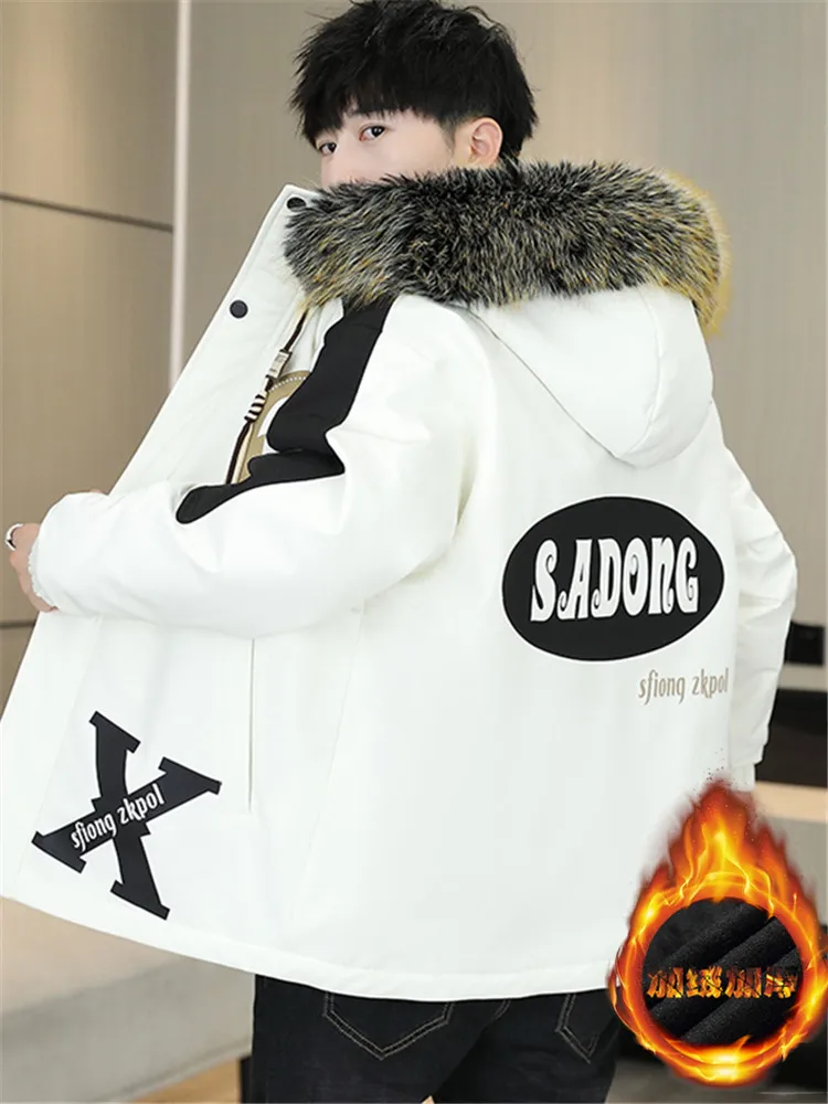 

Men's Hooded Jacket Winter Thickened Fleece Warmth Parka Coat Youth Fashion Brand Cotton Clothes Standard Fit Outerwear
