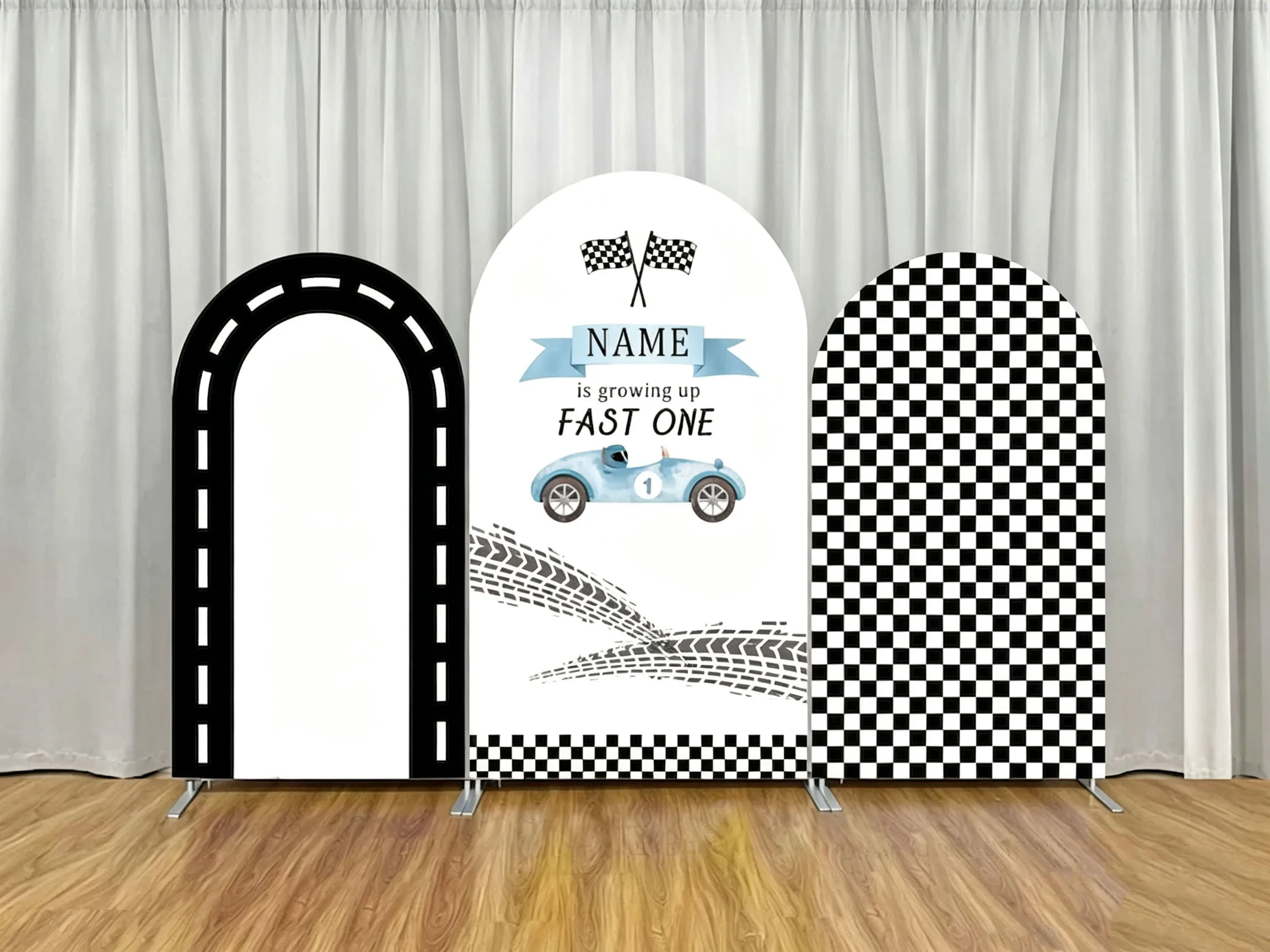 Custom Double-Sided Fast One Baby Shower Arch Backdrop Cover Racing Car Race Black and White Squares Birthday Party Decor