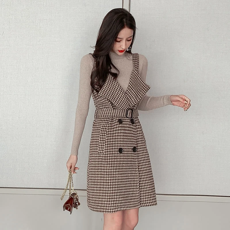 Houndstooth cinta vestido feminino outono inverno conjunto de duas peças 2022 novo coreano cintura knitt topos + lã colete vestido terno feminino