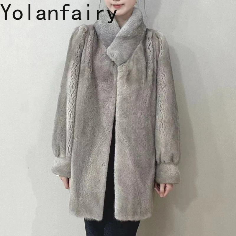 YOLANFAIRY Real Fur Coat Woman Luxury 2025 Winter Mid-length Elegant Natural Whole Mink Fur Jacket Women Fashion Black Fur Coats
