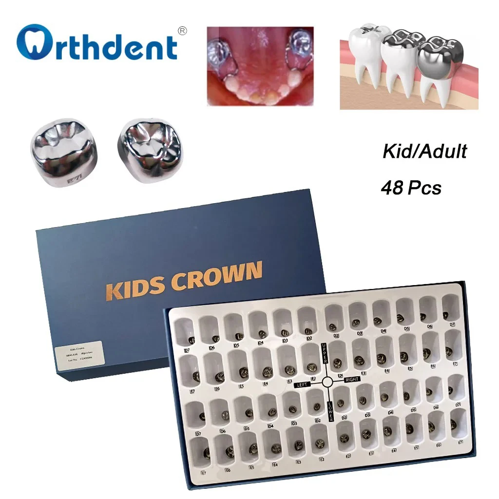 48Pcs Dental Crown Kid Adult Primary Molar Stainless Steel Temporary For Upper/Lower Left/Right Orthodontic Customized Crown