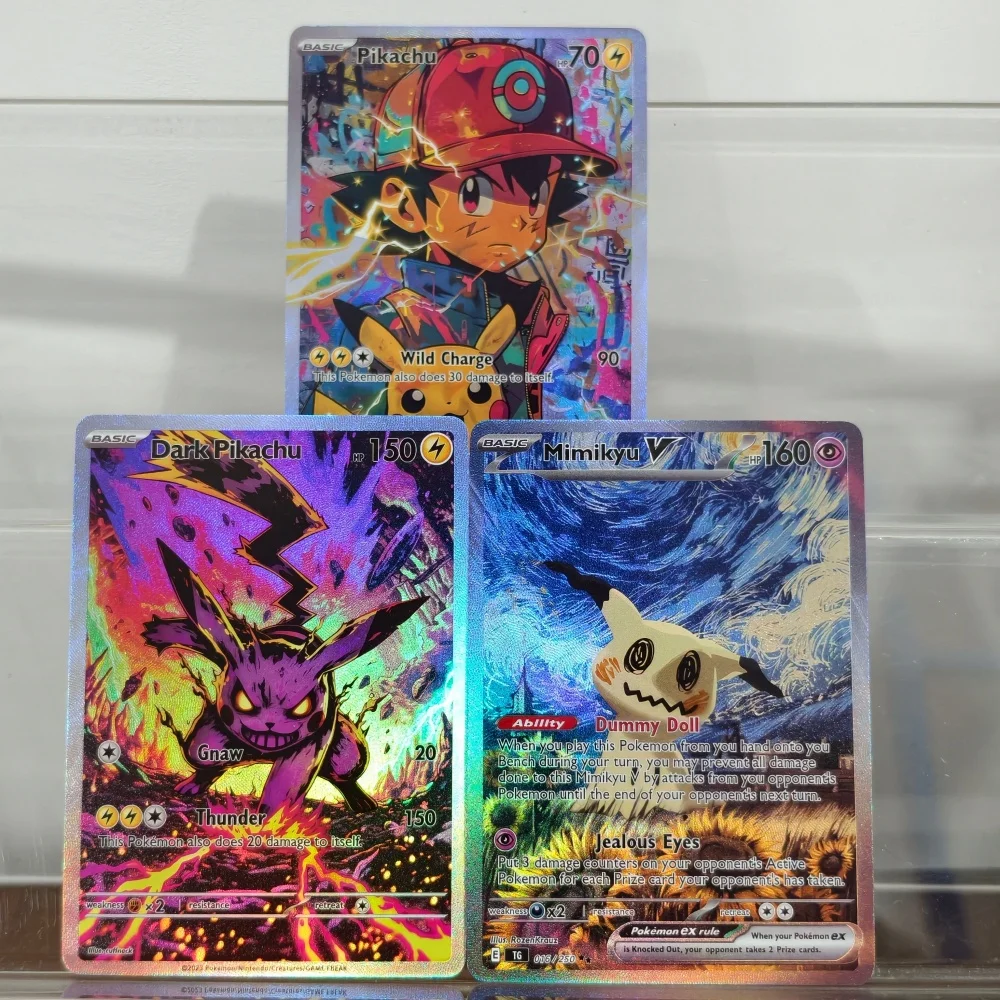 

2026 DIY Texture Pokemon Cards Ash Pikachu ex Dark Pikachu ex Mimikyu V Set Gem Mint 10 Hot Anime Collectible Game Cards