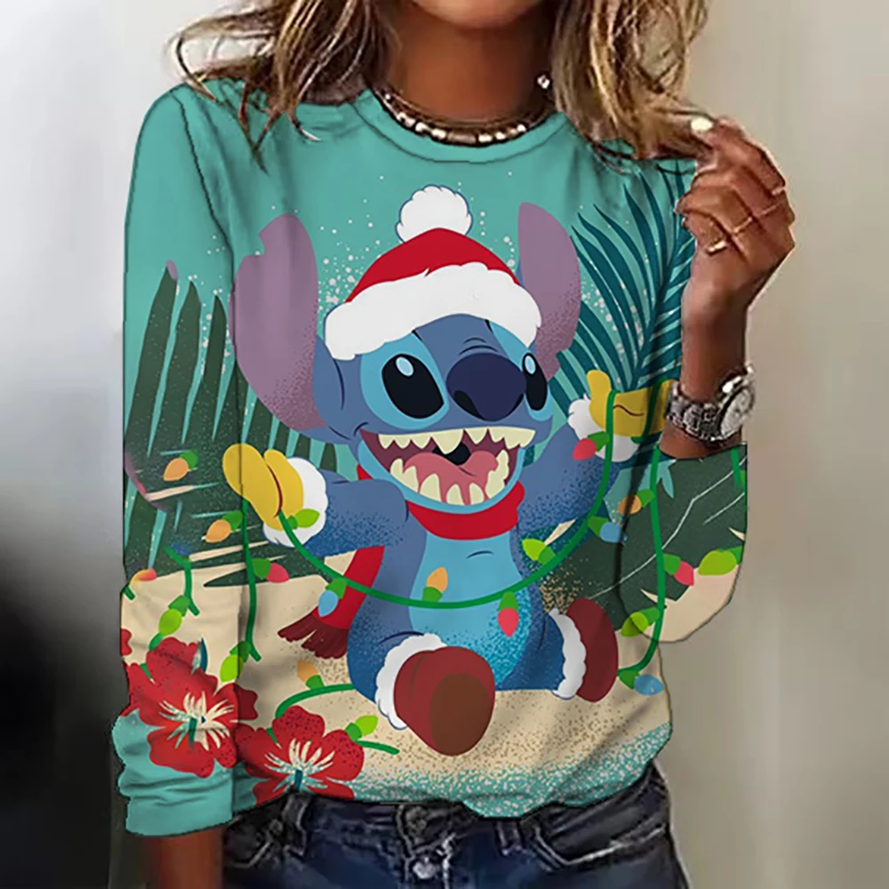 Women\'s round neck long-sleeved Disney Stitch Christmas print loose top breathable long-sleeved pullover daily casual T-shirt