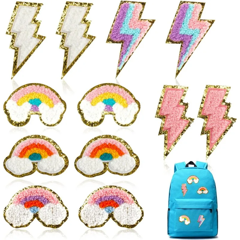 

12PCS Self Adhesive Chenille Patches​​ Colorful Glitter Rainbow Embroidered Stickers for DIY Clothing Backpack, Hat Repair Decor