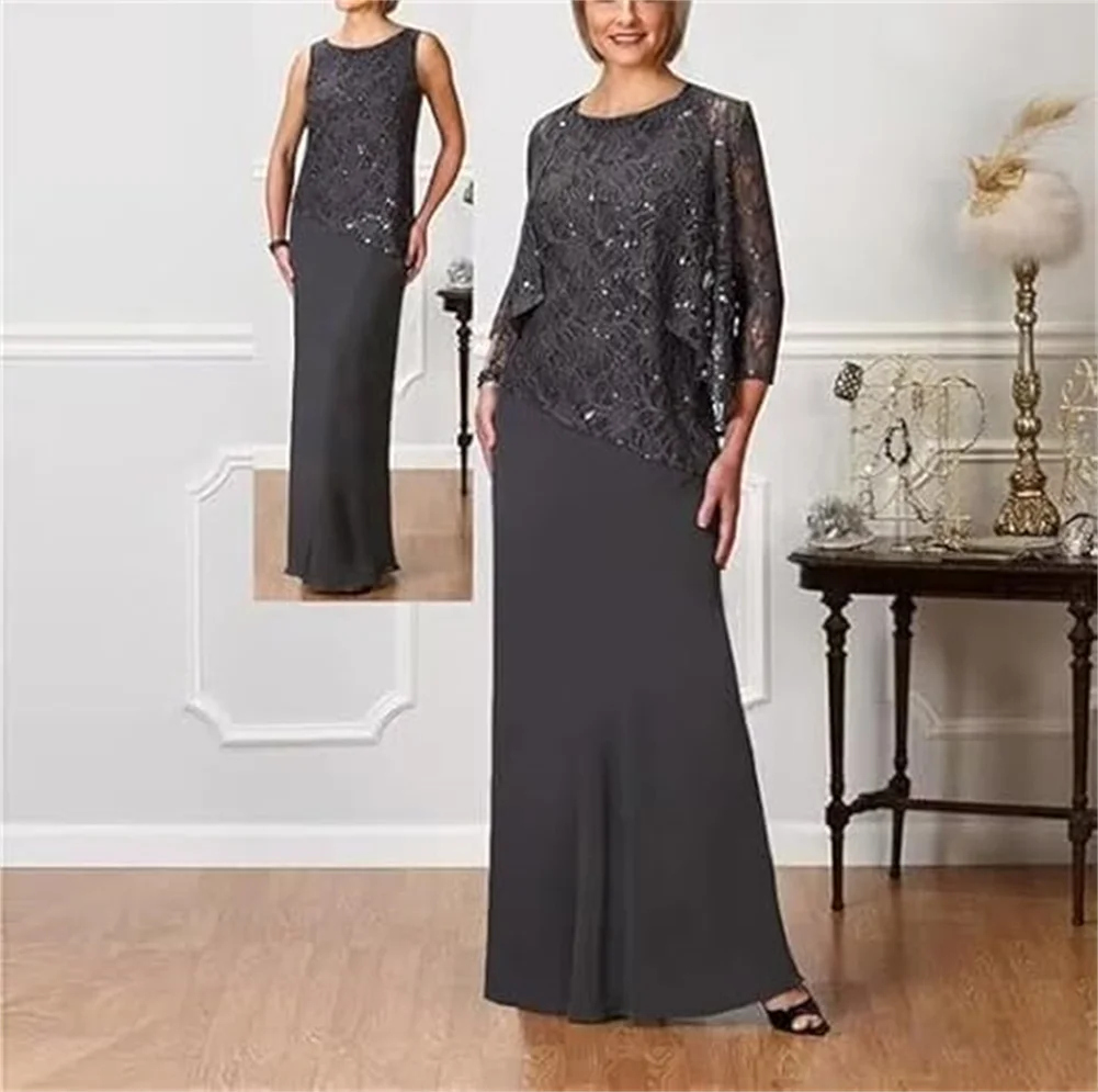 

Lace Appliques Three Pieces Mother Of The Bride Dresses For Wedding Chiffon Formal Dresses With Jacket Long Prom Evening Dresses
