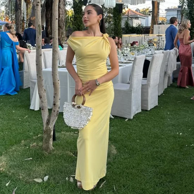 HXAO Yellow Women's Dress Sleeveless Asymmetrical Long Dresses Women Ruched Bodycon Party Dresses Woman Slit Elegant Midi Dress
