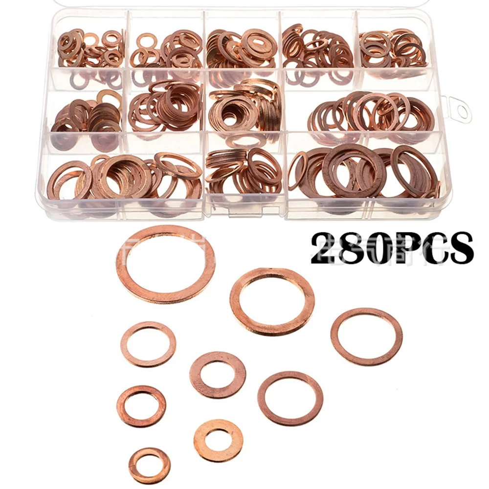 

280pcs Copper Washer Gasket Nut and Bolt Set Flat Ring Seal Assortment Kit with Box for Sump Plugs