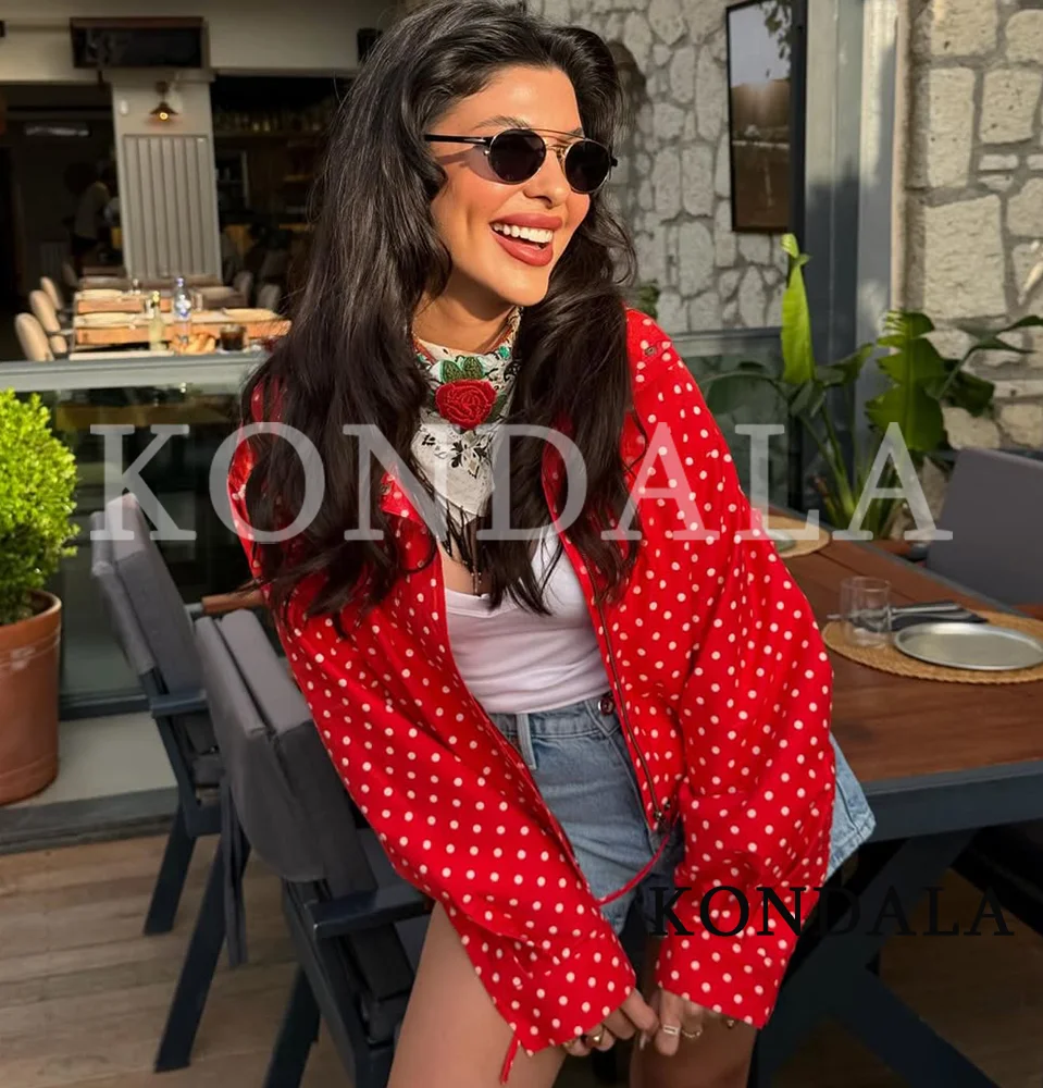 KONDALA Chic Polka Dot Red Jacket Women's Trendy High Street Zip-up Jacket 2026 Summer Holiday Leisure Stand-up Collar Jacket