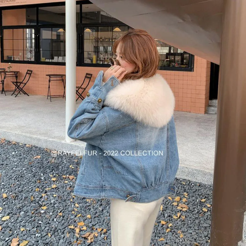 Korean Big Fur Collar Thick Denim Jacket Women's Short Denim Pie Overcomes Loose Warm Jeans Jacket 2023 New Winter