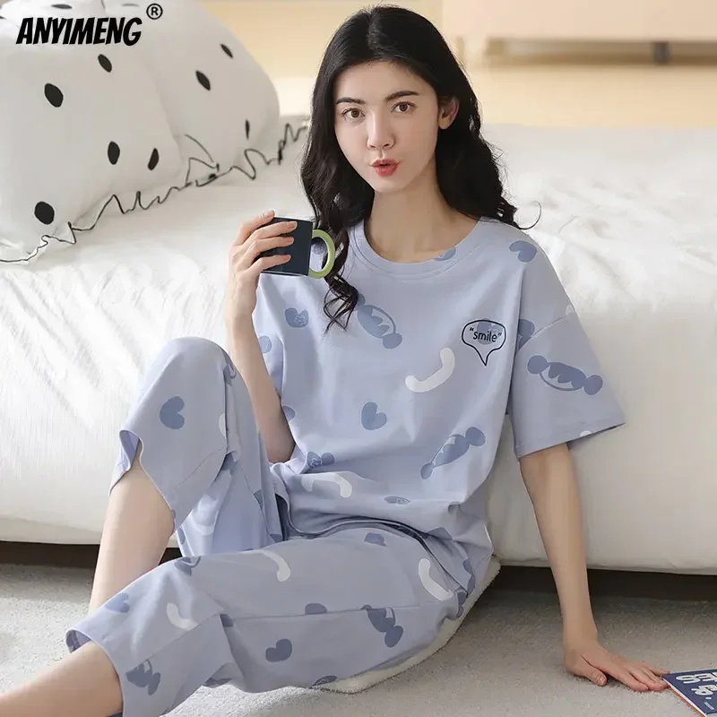 100% Cotton Women\'s Pajama Sets Summer Calf-length Woman Clothing Casual Capris Sleepwear for Youth Lady Leisure Homewear Pijama