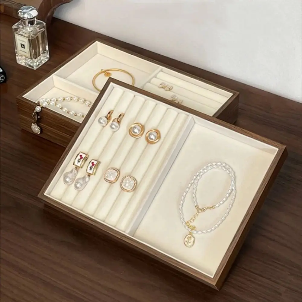 

Multi-Compartment Wooden Jewelry Display Tray Velvet Lining Flat Bottom Earrings Storage Holder Space Saving Solid Wood