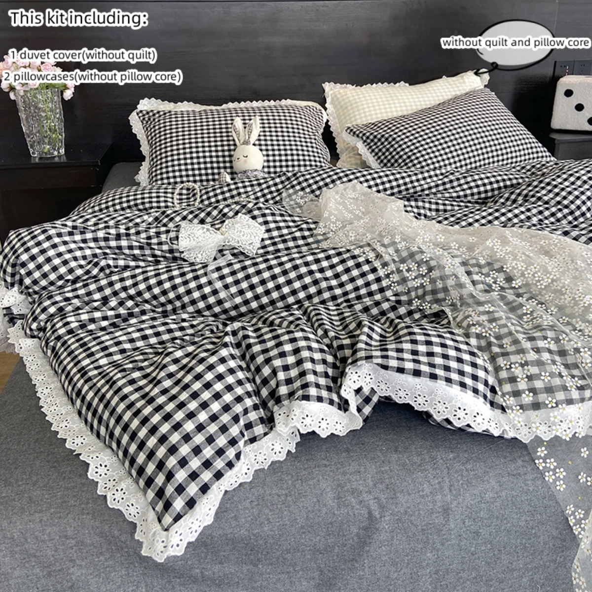 Juego de funda nórdica a cuadros blanco y negro de 3 uds (1 funda nórdica + 2 fundas de almohada, sin núcleo), juego de cama de encaje, suave y cómodo