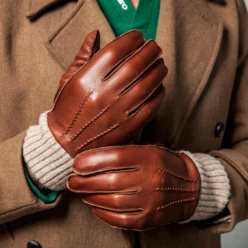 New Men's Sheepskin Gloves Fashion Ripple Touch Screen Wool Knit Lining Winter Leather Driving Gloves Autumn