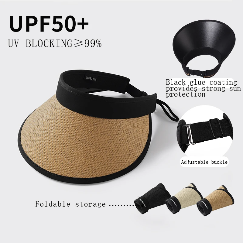 UPF50+NEW Trend Empty Top Sun Hat UV Sun Hat Versatile Large Eave Folding Sun Hat Women's Summer Cycling UV Resistant Straw Hat