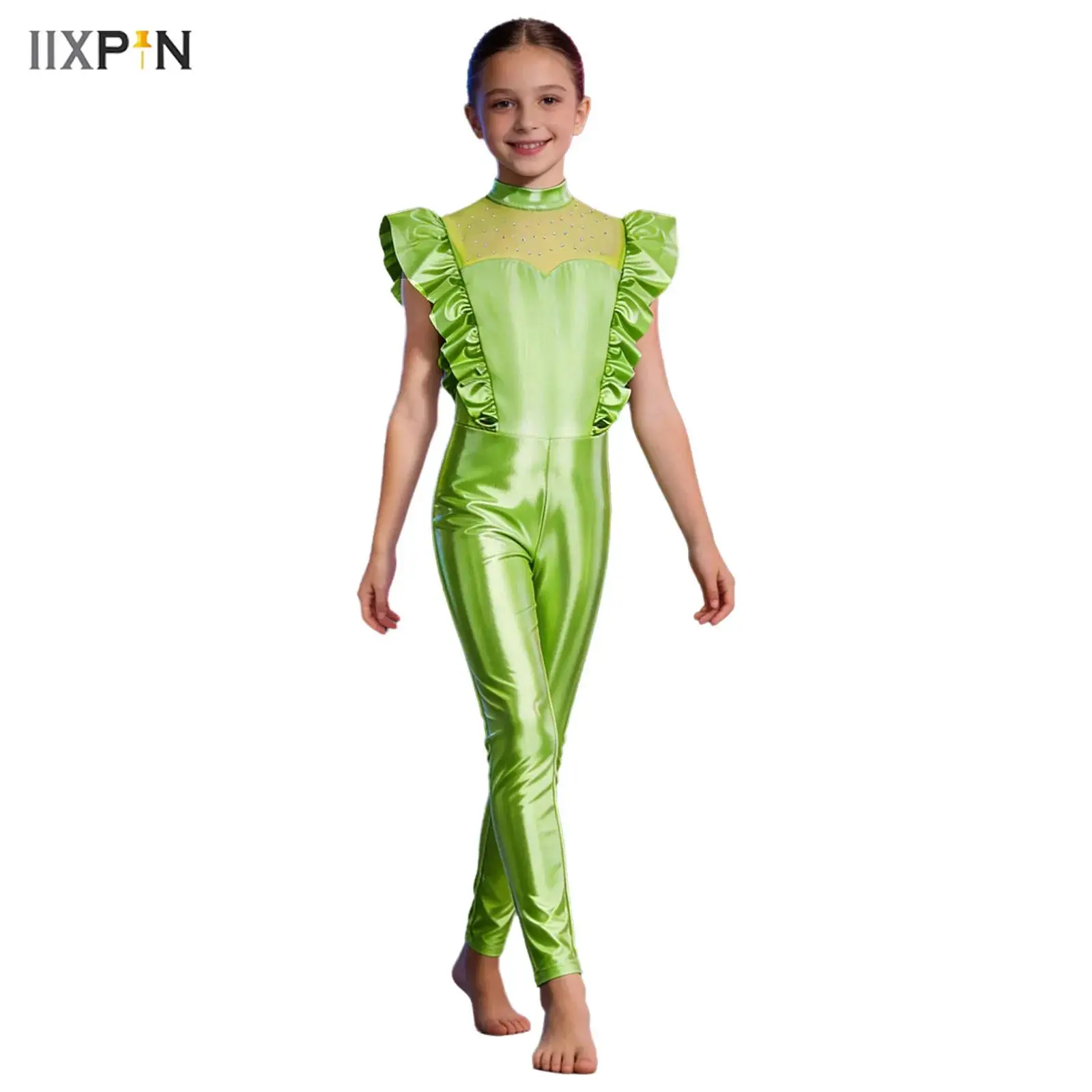 

Girls Shiny Metallic Disco Jumpsuit Hippie Jazz Dance Costume Ruffled Flying Sleeve Pencil Pants Bottom Romper Halloween Outfits