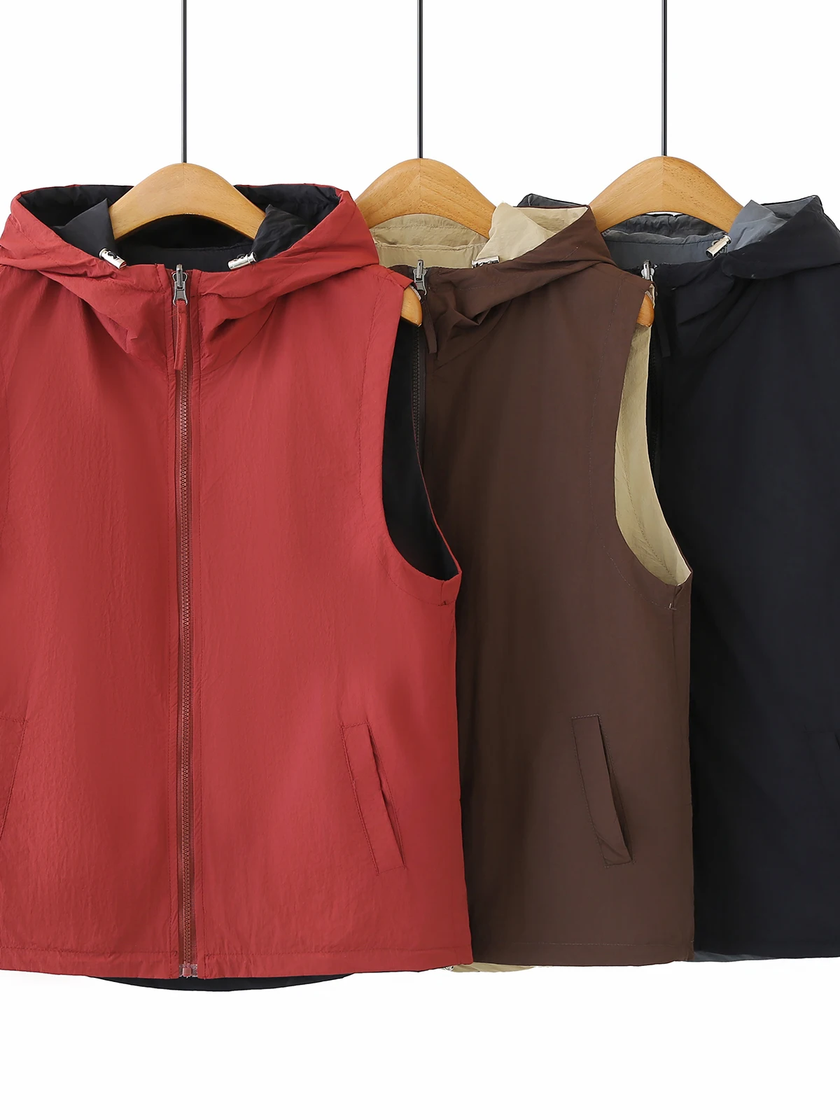 Spring Casual Hooded Zipper Two-Sided Wear Color Block Sleeveless Vest Large Size Design Sense Korean Style New Arrival