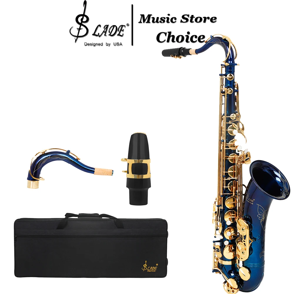 SLADE Bb Tenor Saxophone with Blue Lacquer Finish Brass Sax Professional Woodwind Outfit with Case & Accessories for All Levels