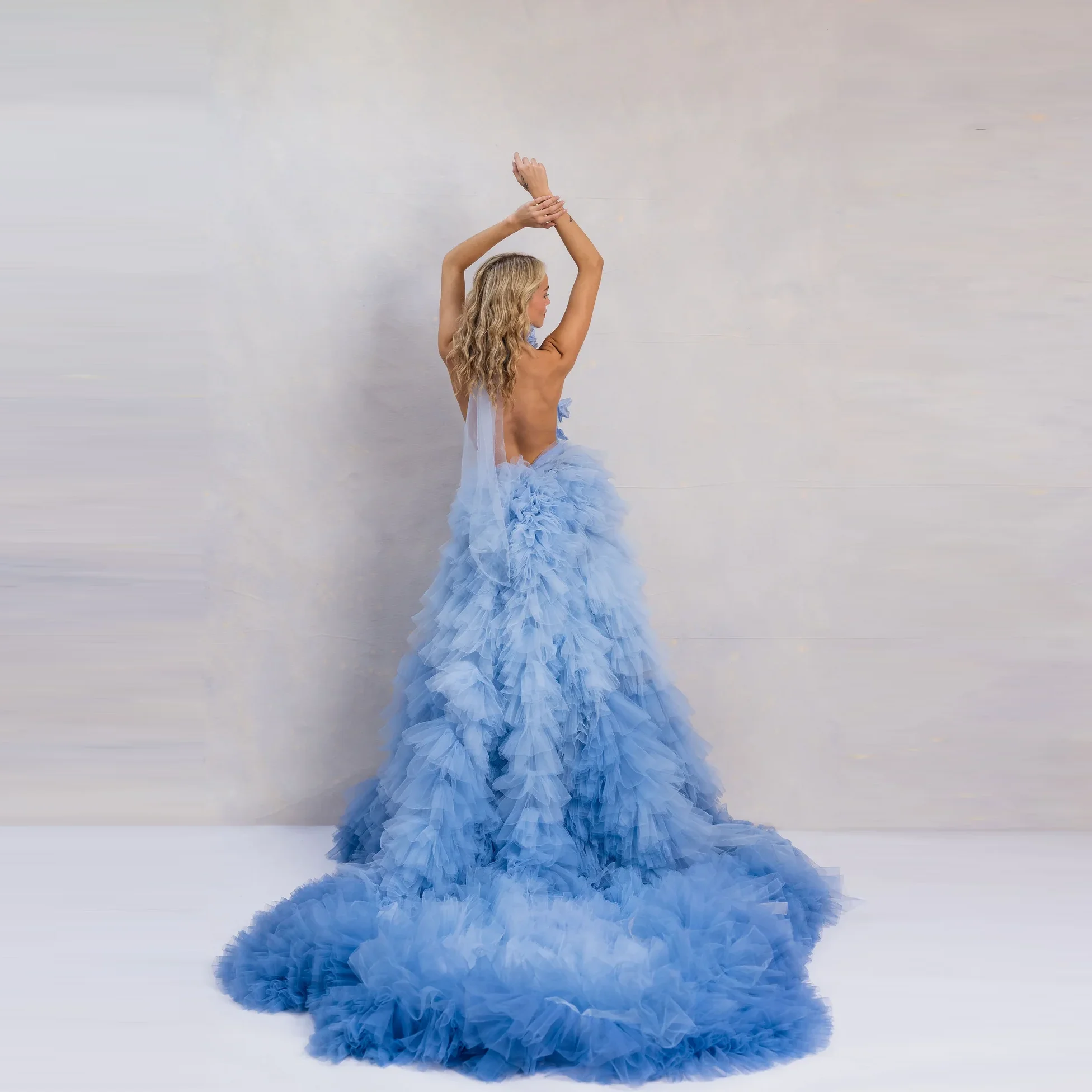 Ombre Blue Formal Dresses Ruffled Floral Backless Special Occasion Women Prom Party Dress Tulle Halter Evening Prom Gowns Lush