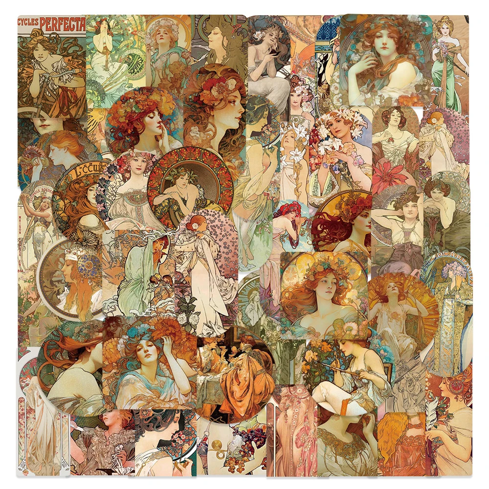 10/30/60pcs Retro Mucha Aesthetic Stickers Medieval European Painting Decals DIY Suitcase Guitar Luggage Vintage Cartoon Sticker