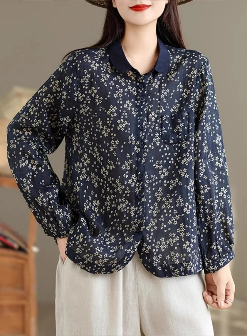 

Artistic Retro Floral Cotton Linen Long Sleeved Shirt For Women Autumn Temperament Shirt Outerwear Top w710