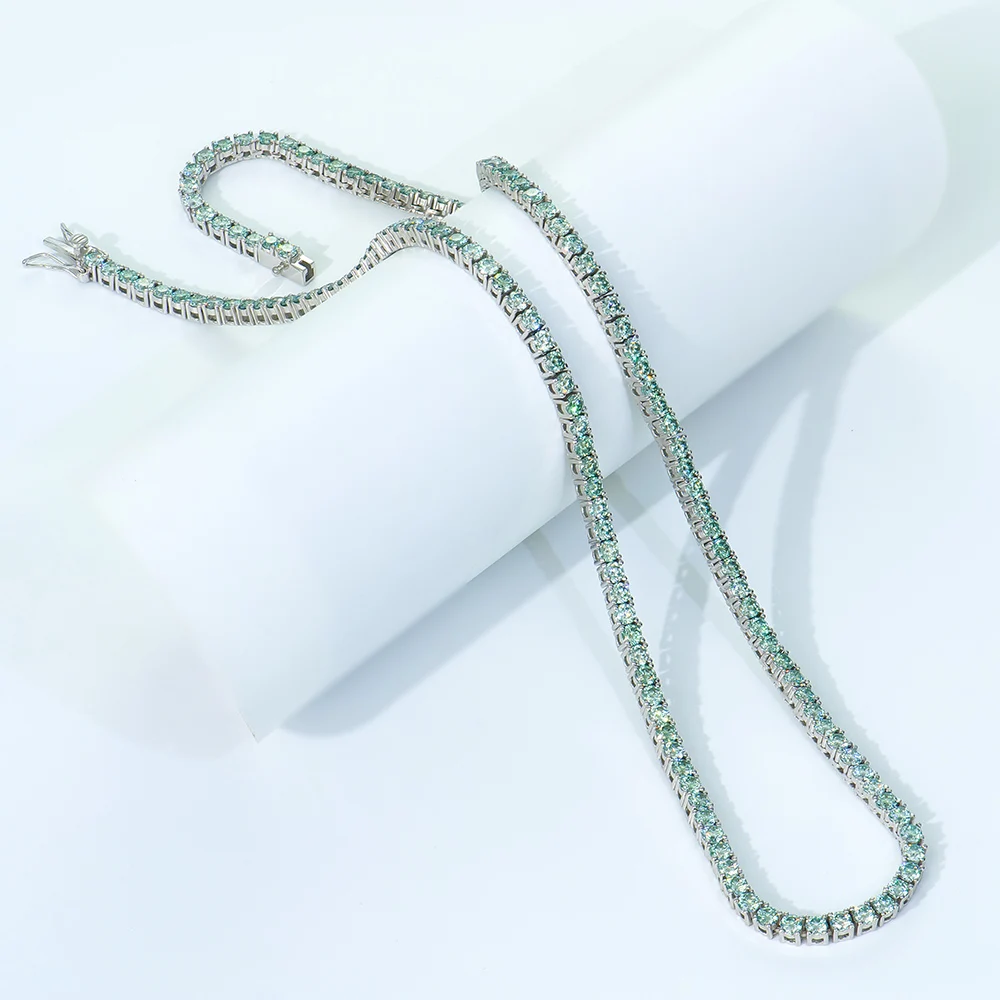 

925 Silver Tennis Chain Round Turquoise Moissanite Diamond Necklace Fashion Jewelry