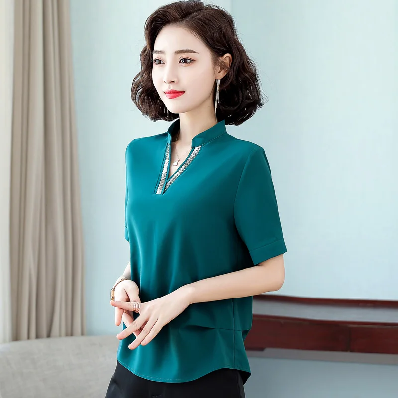 New Women'S Summer Simple Versatile Style V-Neck Chiffon Shirt Mom Fashion Commuter Short Sleeve Casual Loose Belly Cover Top