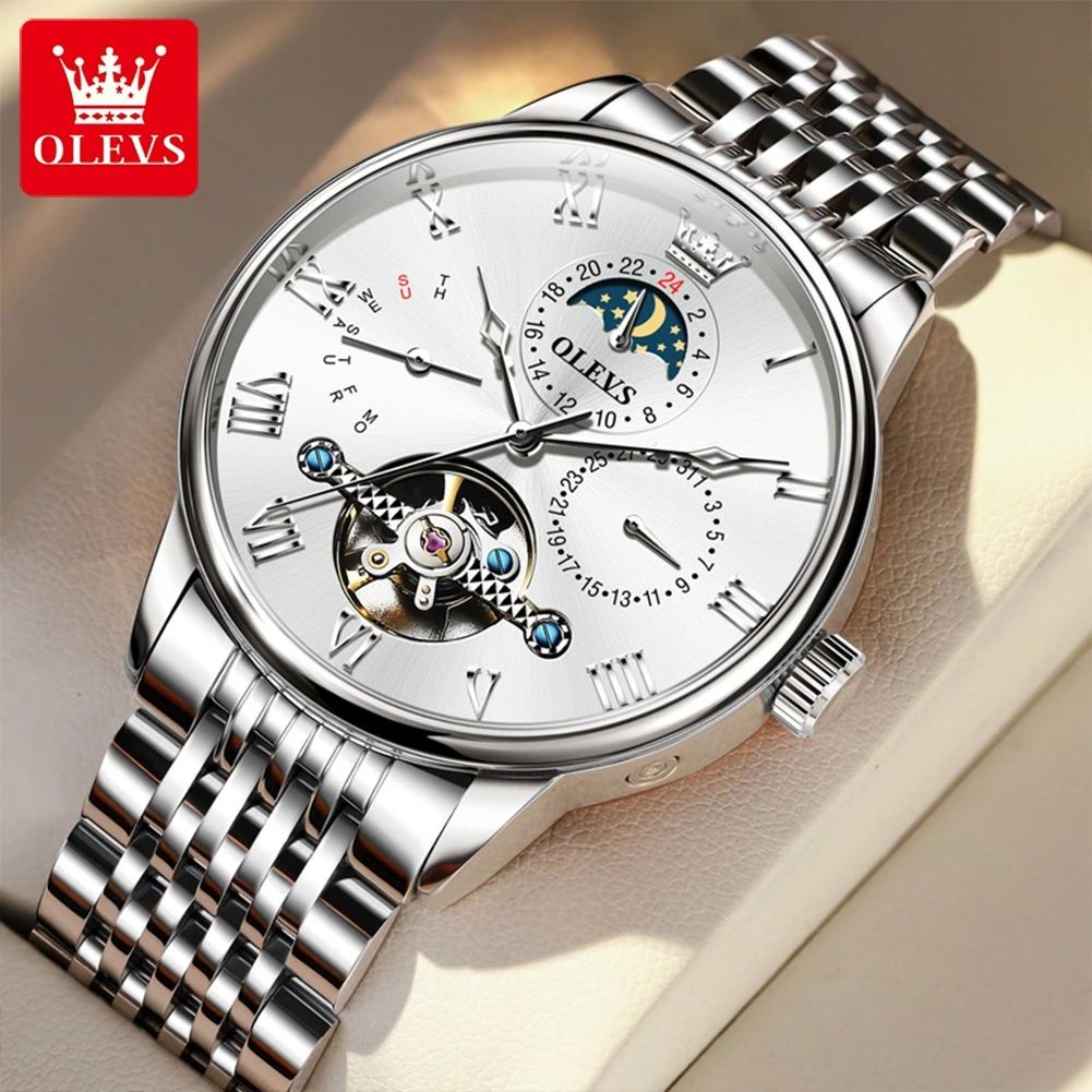 

OLEVS 7009 Business Skeletonizing Mechanical Watch Gift Round-dial Genuine Watchband Wristwatch Week Display Calendar Men Watch