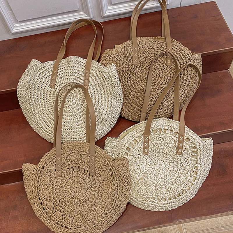 

Summer Round Straw Women Vacation Woven Beach Shoulder Bag Large Capacity Hollow Out Simple Tote Bag