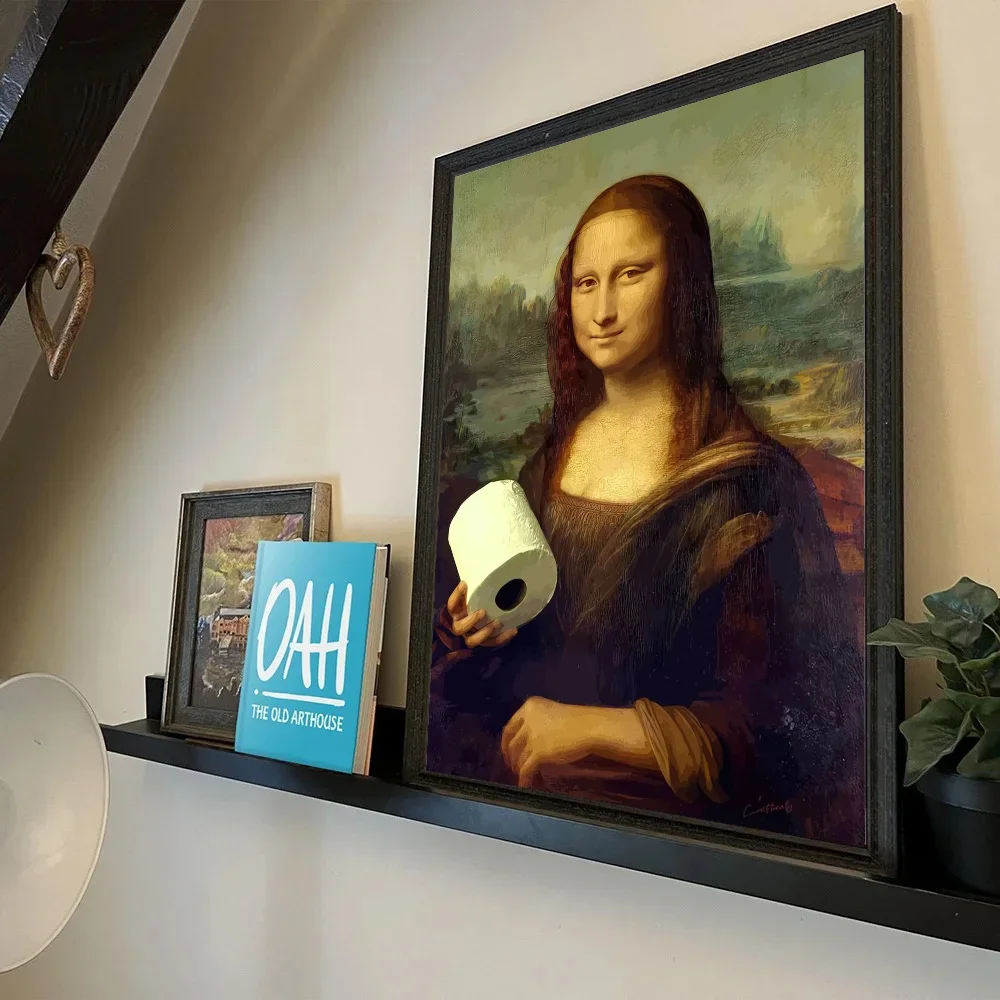1pc zabawna toaleta Mona Lisa nosząca perły dziewczyna z rolką papierowy plakat samoprzylepna sztuka wodoodporna naklejka papierowa dekoracje ścienne — zdjęcie 6