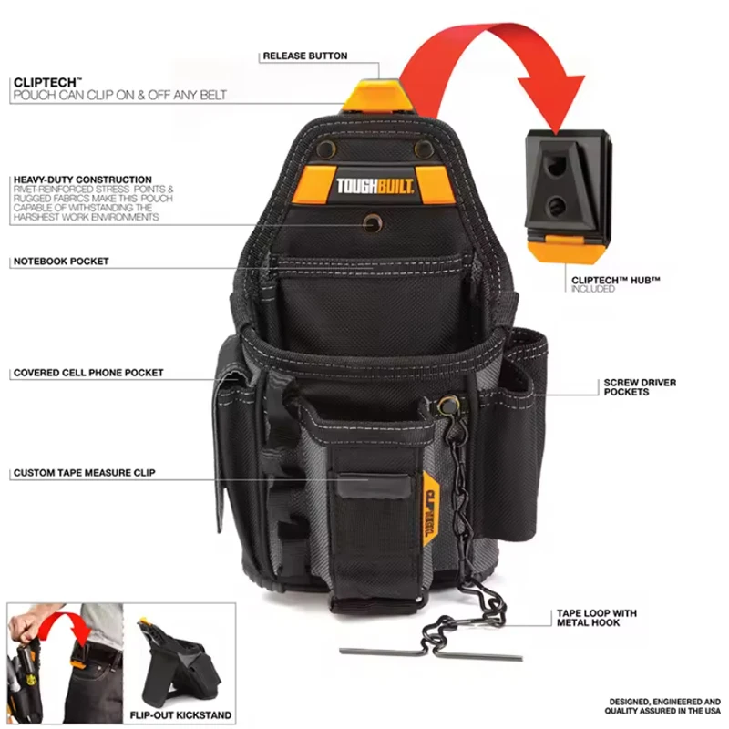 TOUGHBUILT TB-CT-34 Small Electrician Pouch Adjustable 13 Pockets Rugged 6-Layer Construction Multifunctional Storage Tool Bag