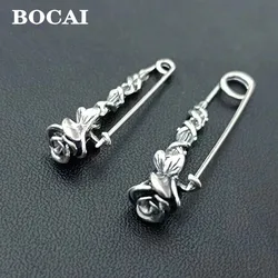 BOCAI New Real S925 Silver Original Rose Pin Vintage Chic Fashion Simple Women's Brooch Accessories Christmas Gift