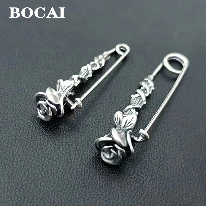 BOCAI nowy prawdziwy S925 srebrny oryginalny Rose Pin Vintage Chic moda proste damskie akcesoria broszka prezent na boże narodzenie