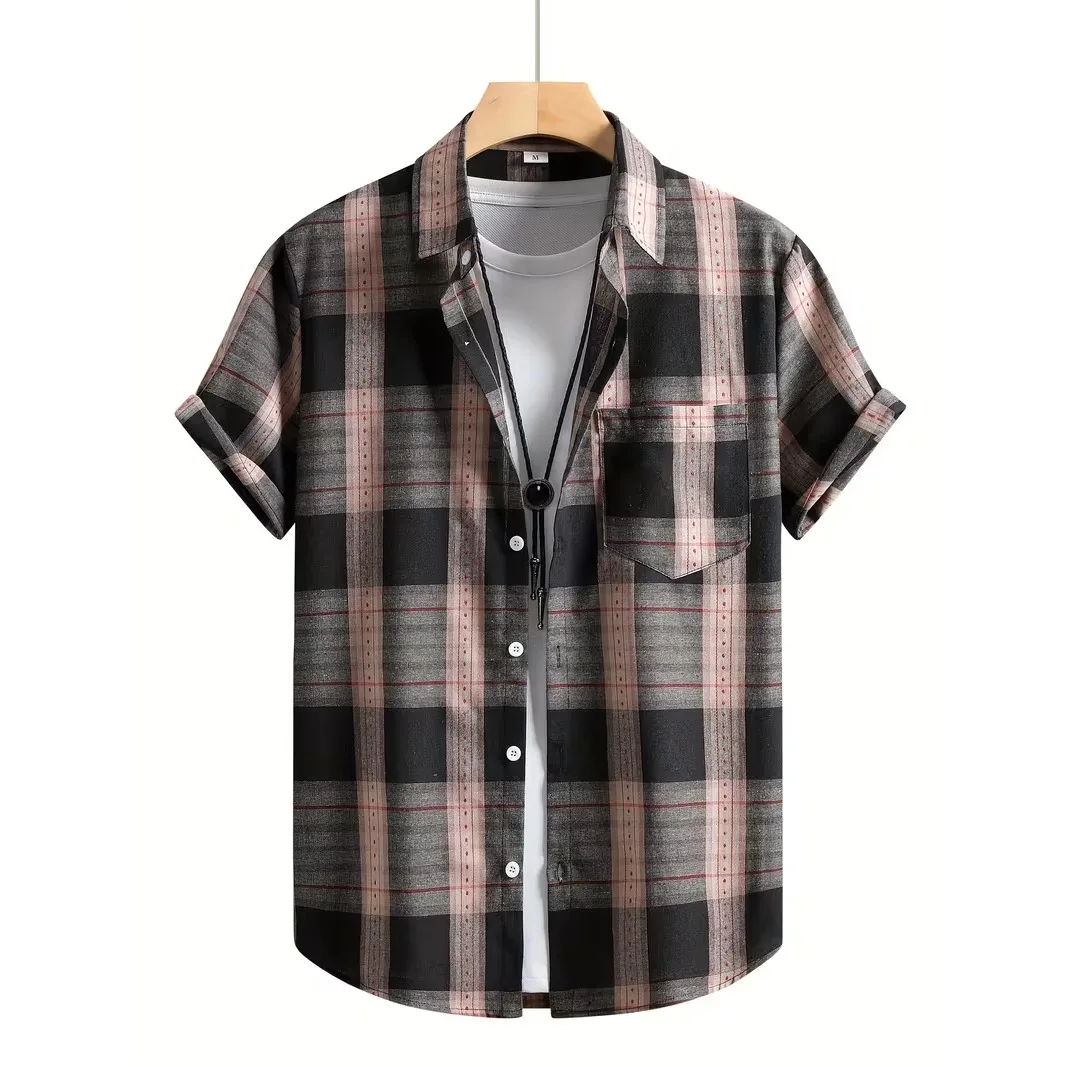 Camisa de Verano para Hombre, Manga Corta, Diseño de Cuadros, Estilo Casual, con Bolsillos y Costuras Decorativas